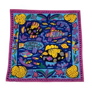 Ken Done Vintage Scarf Below The Sea Tropical Made in Japan Bright 1985 Fish